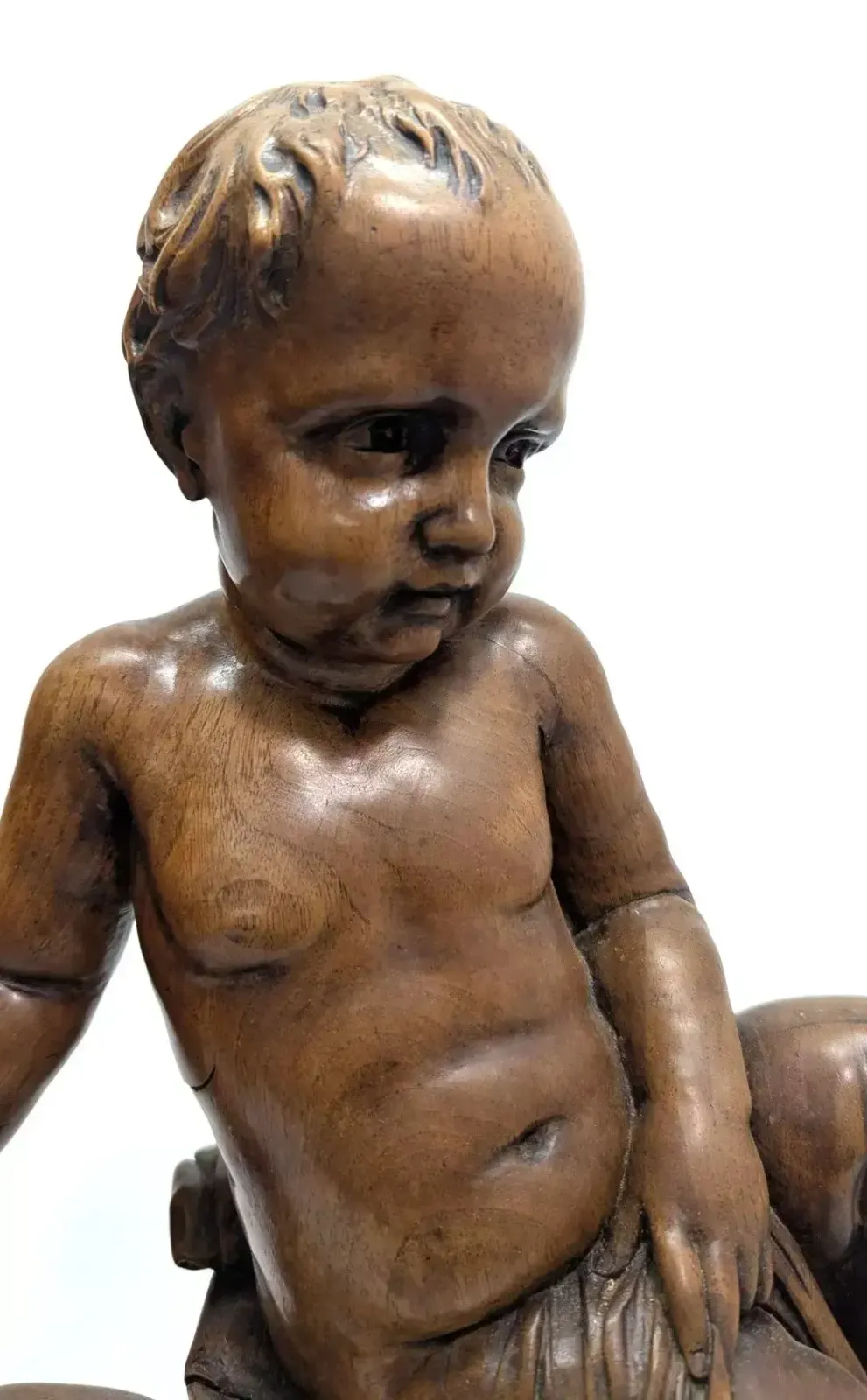 Wooden Sculpture Of A Baby Leaning Against An Animal, 19th Century photo Art