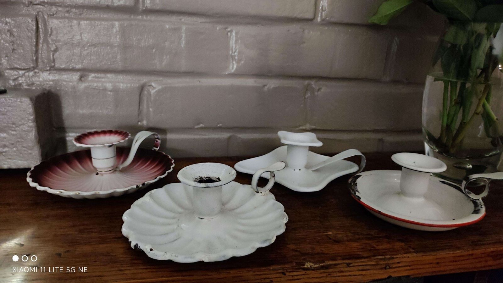 Antique French Enamel Candleholders, Set Of 4 Different Chambersticks photo for sale