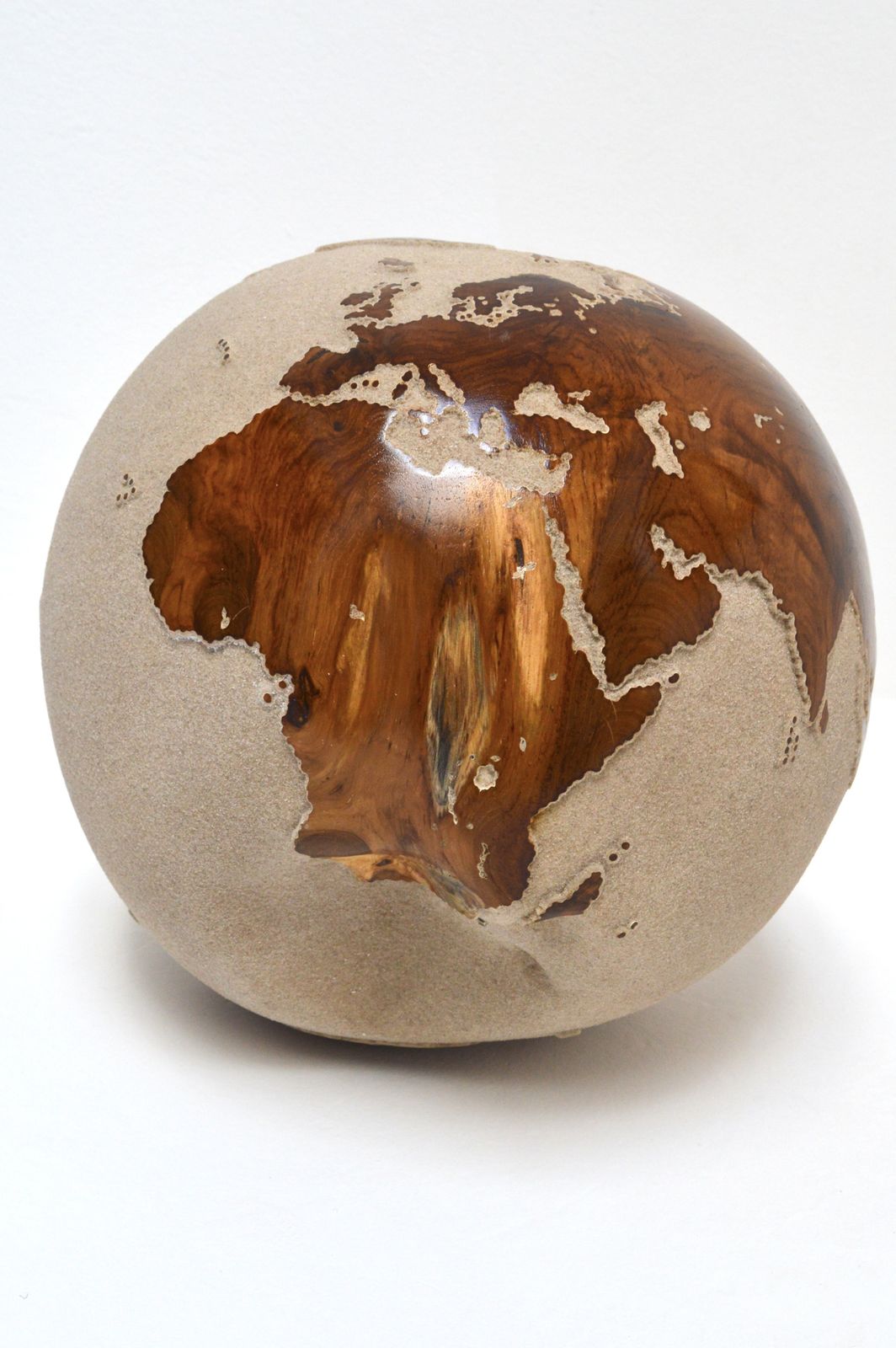 White Teak Wood & Volcanic Sand Globe By Bruno Helgen 40 Cm /  Id 003 Globe Sculpture photo Art