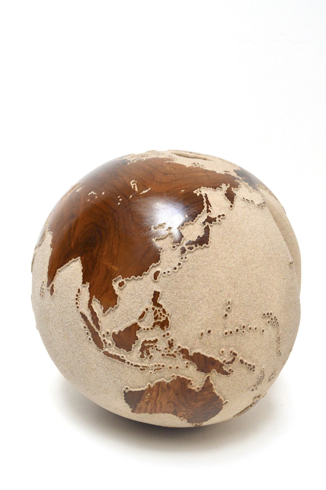 White Teak Wood & Volcanic Sand Globe By Bruno Helgen 40 Cm /  Id 003 Globe Sculpture