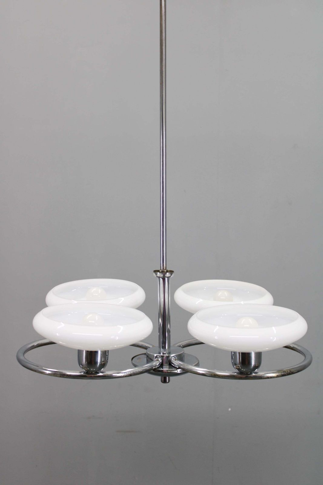 Mid Century Chrome Chandelier With Milk Glass Disc Shades, Czechoslovakia, 1950s photo Lighting