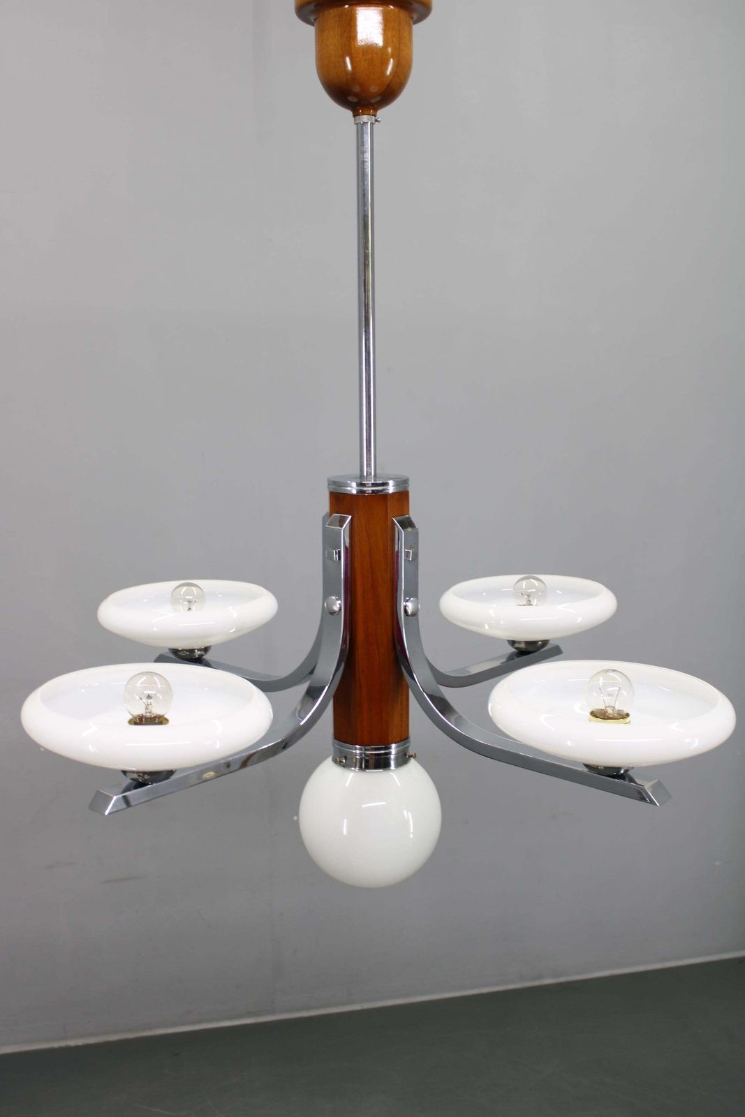 Art Deco Chrome And Walnut Chandelier With Milky Glass Shades, Czechoslovakia, 1 photo Lighting