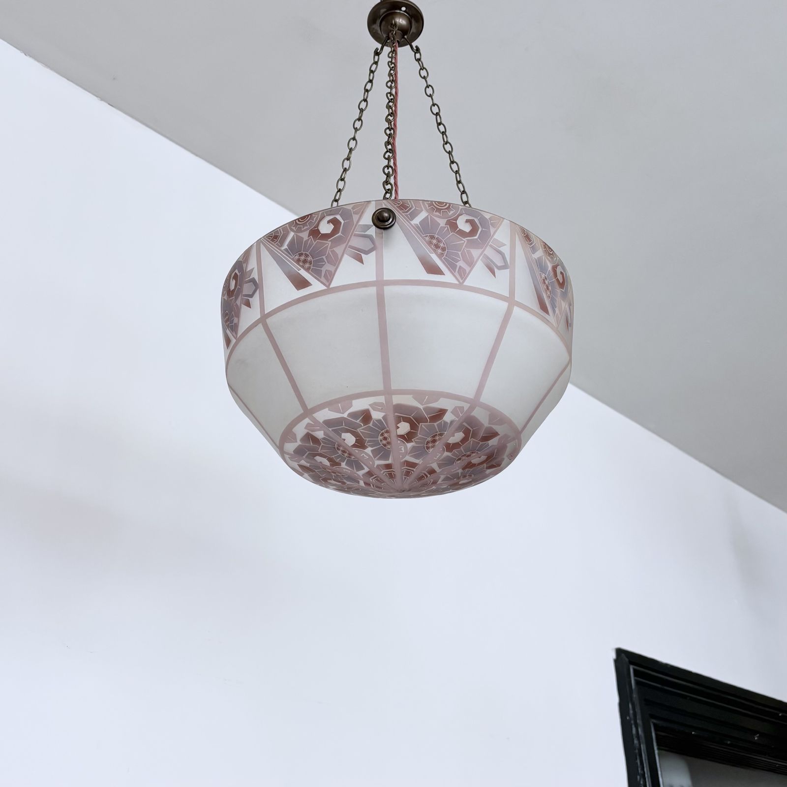 Art Deco Frosted Glass Diffuser With Purple, Pink And Blue Geometric Details photo Lighting