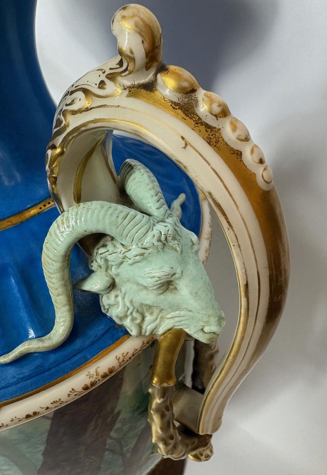 Large 19th‑Century Continental Sèvres‑Style Vase With Ram‑Mask Handles, Hand‑Painted Maiden Scene, 38 Cm photo Home Decor