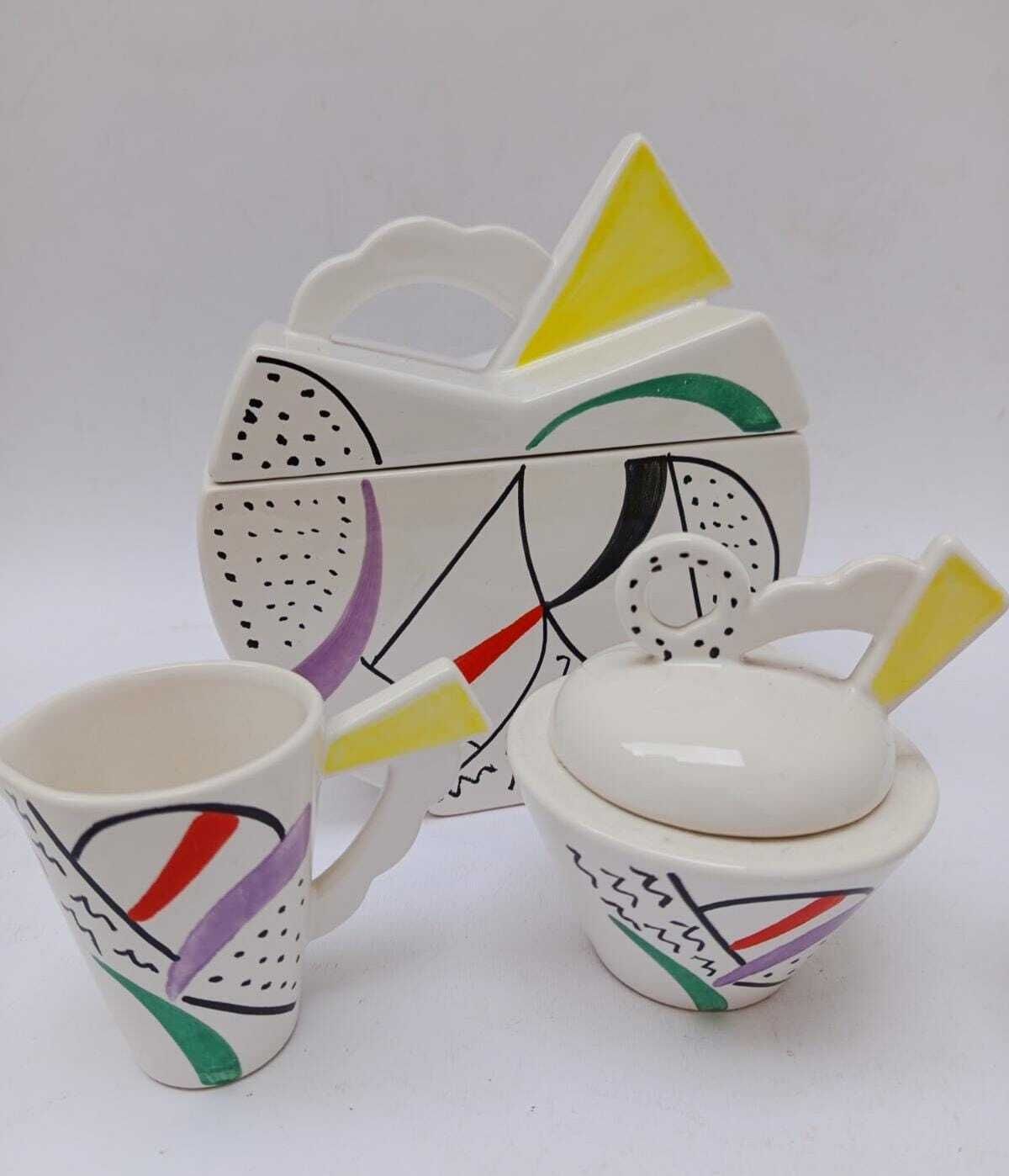 Memphis Style Postmodern Sic Ceramic Coffee Set, Vintage, Biscuit Tin And 4 Cups photo Home Decor