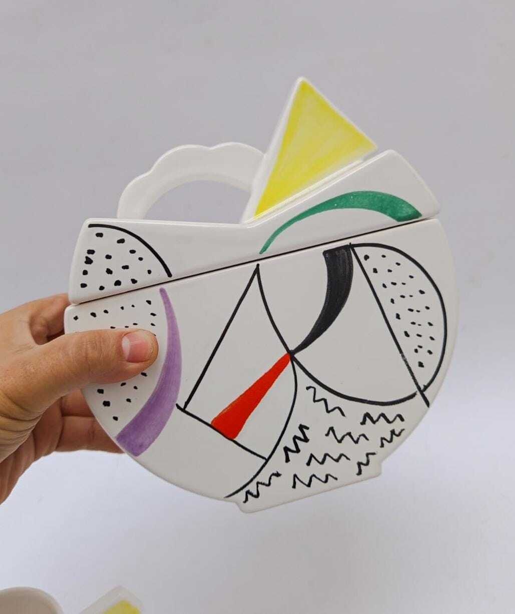 Memphis Style Postmodern Sic Ceramic Coffee Set, Vintage, Biscuit Tin And 4 Cups photo 182.0
