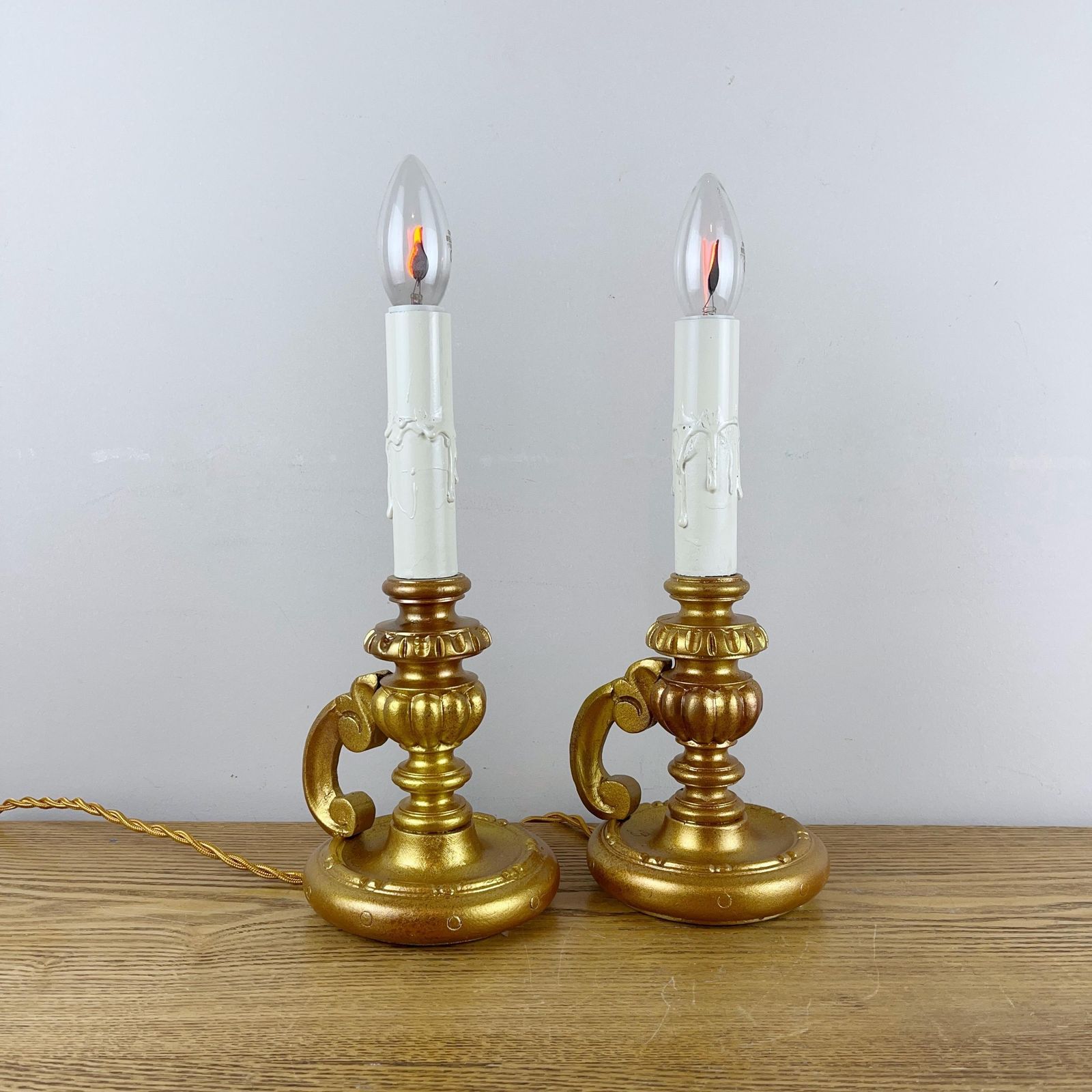 125.0 Pair Of Gold Colour Vintage French Chateau Style Chamberstick Lamps. photo