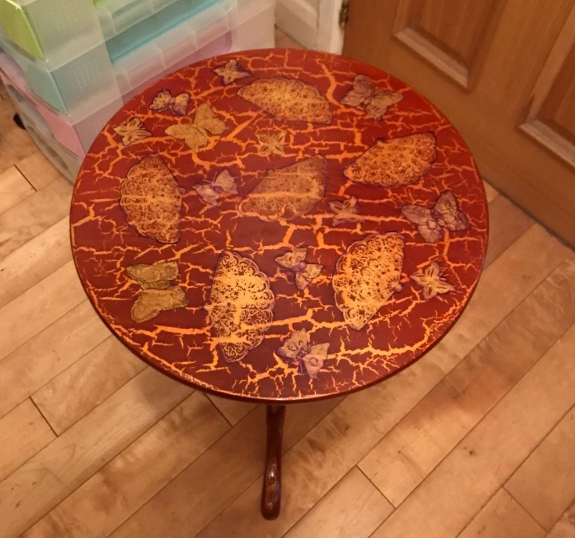 94.0 Vintage Red And Gold Painted & Lacquered Tripod Wine Table photo