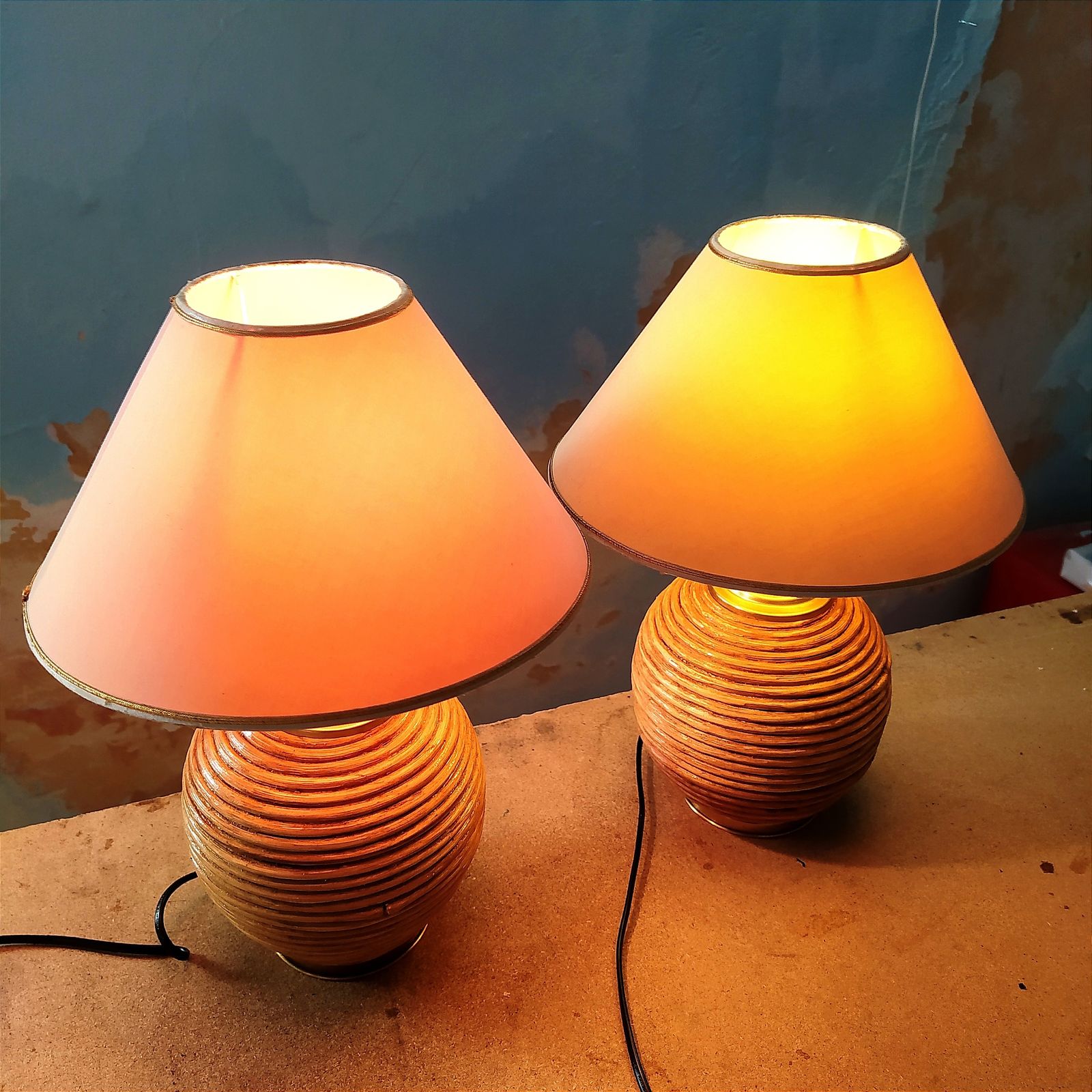 Pair  Of 1970's Pencil Reed Table Lamps photo buy
