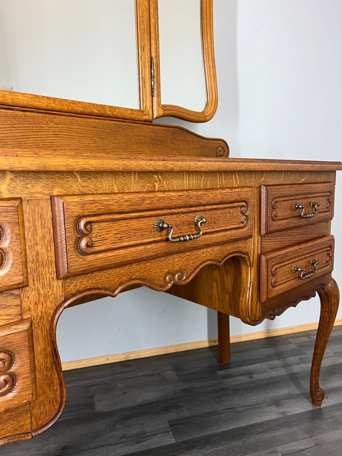 Vintage Dressing Table With Mirror French Oak Louis Vanity Table Makeup Lot 4557 photo vinterior