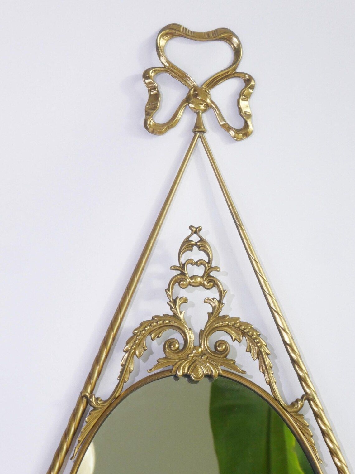 Large Oval Italian Brass Wall Mirror With Ornament  Bow Tie Hollywood Regency Mirror  Wall Hanging photo for sale