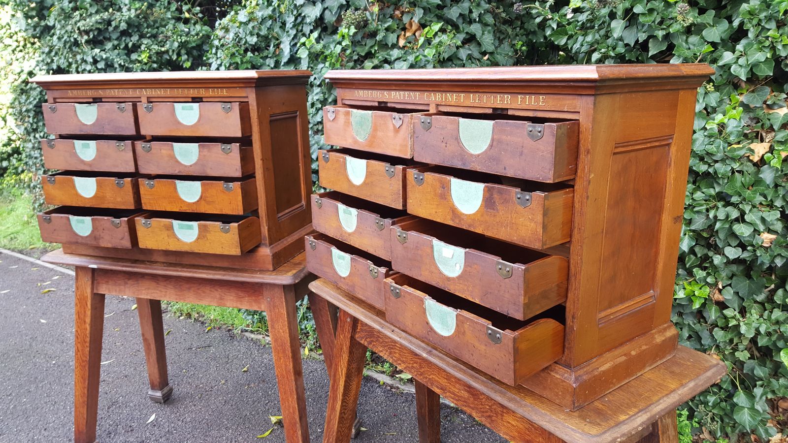 Matching Pair Of Walnut Amberg's Patent Cabinet Letter File photo vinterior