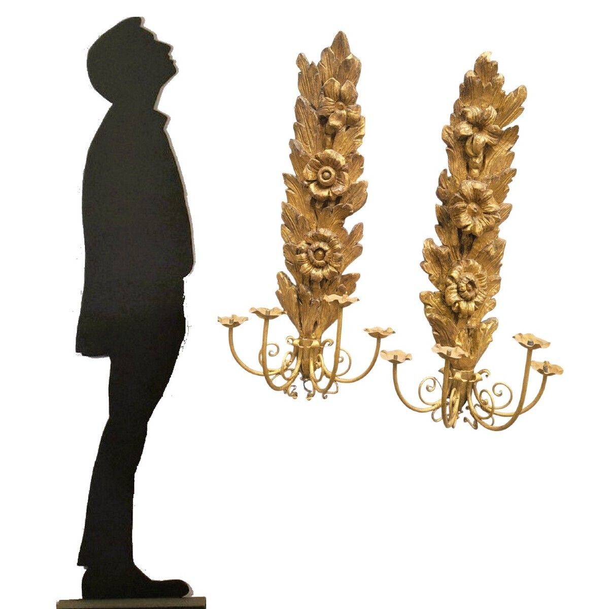 Pair Of Very Large Gilded Wood Sconces, 130cm, Early 20th Century photo furniture