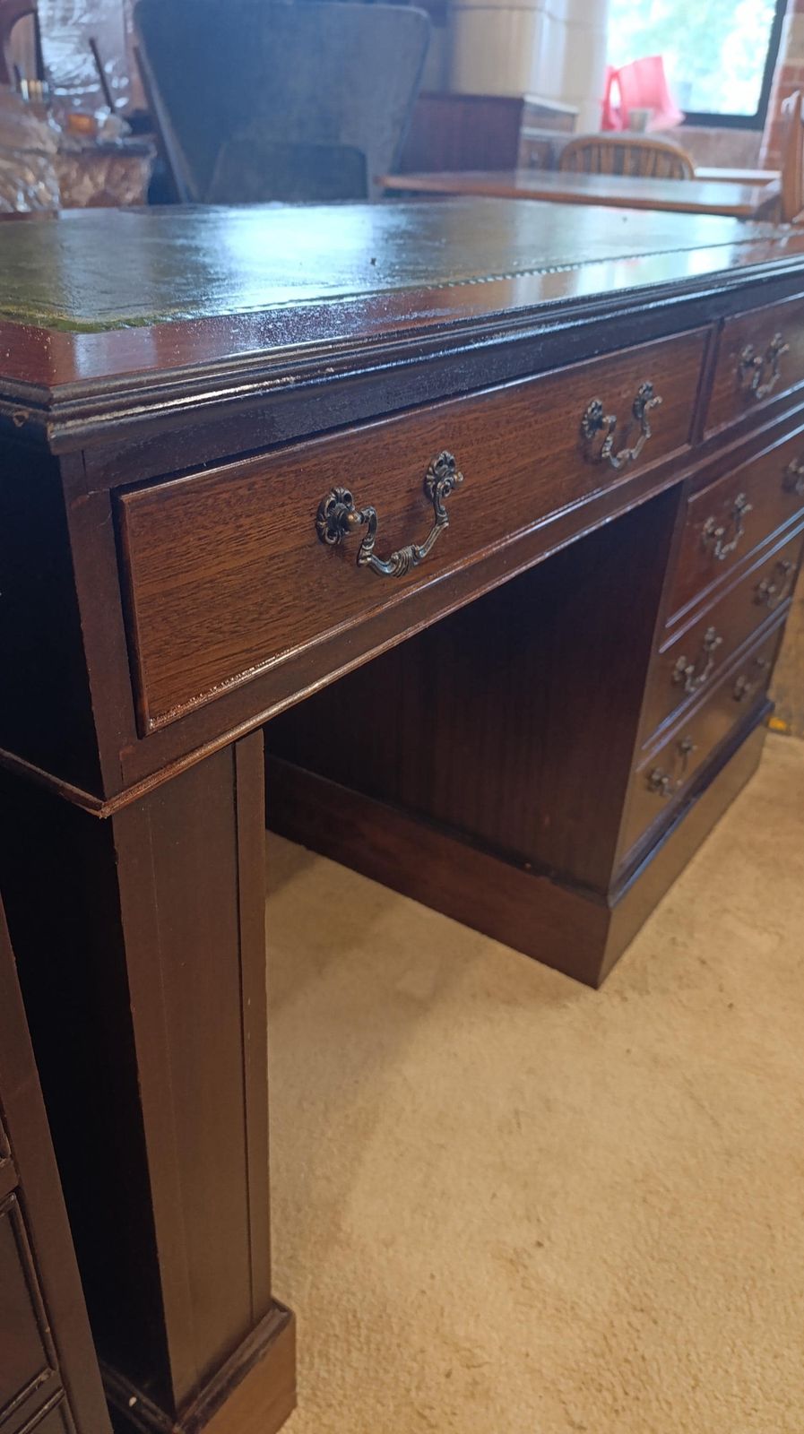 Reproduction Mahogany Veneer Desk With Tooled Leather Top photo for sale