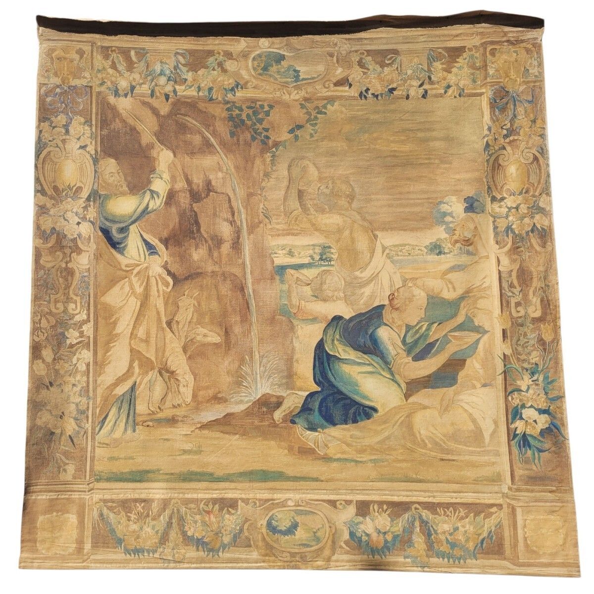 Large Painted Canvas, Figures At The Fountain, Late 19th Century