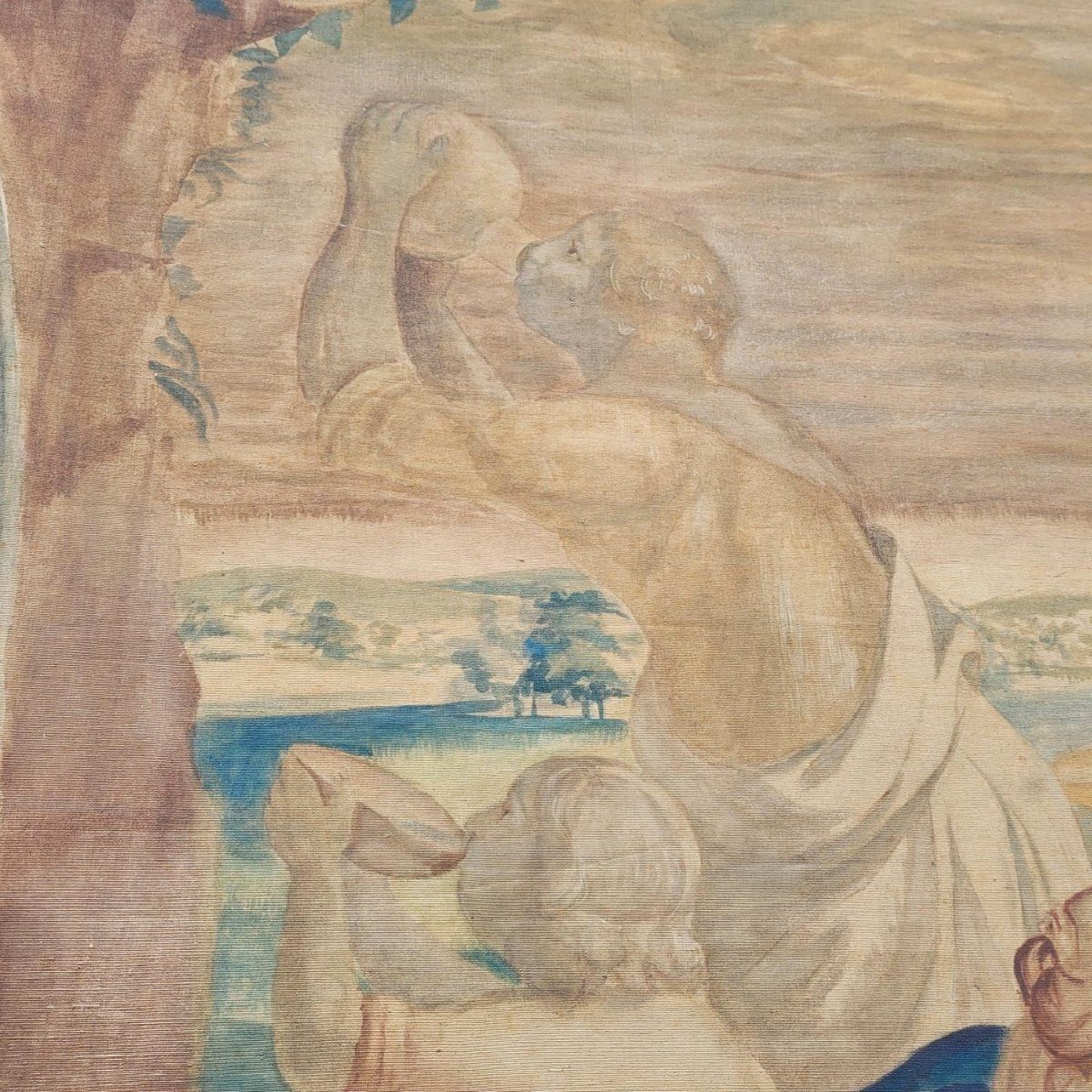 Large Painted Canvas, Figures At The Fountain, Late 19th Century photo vinterior
