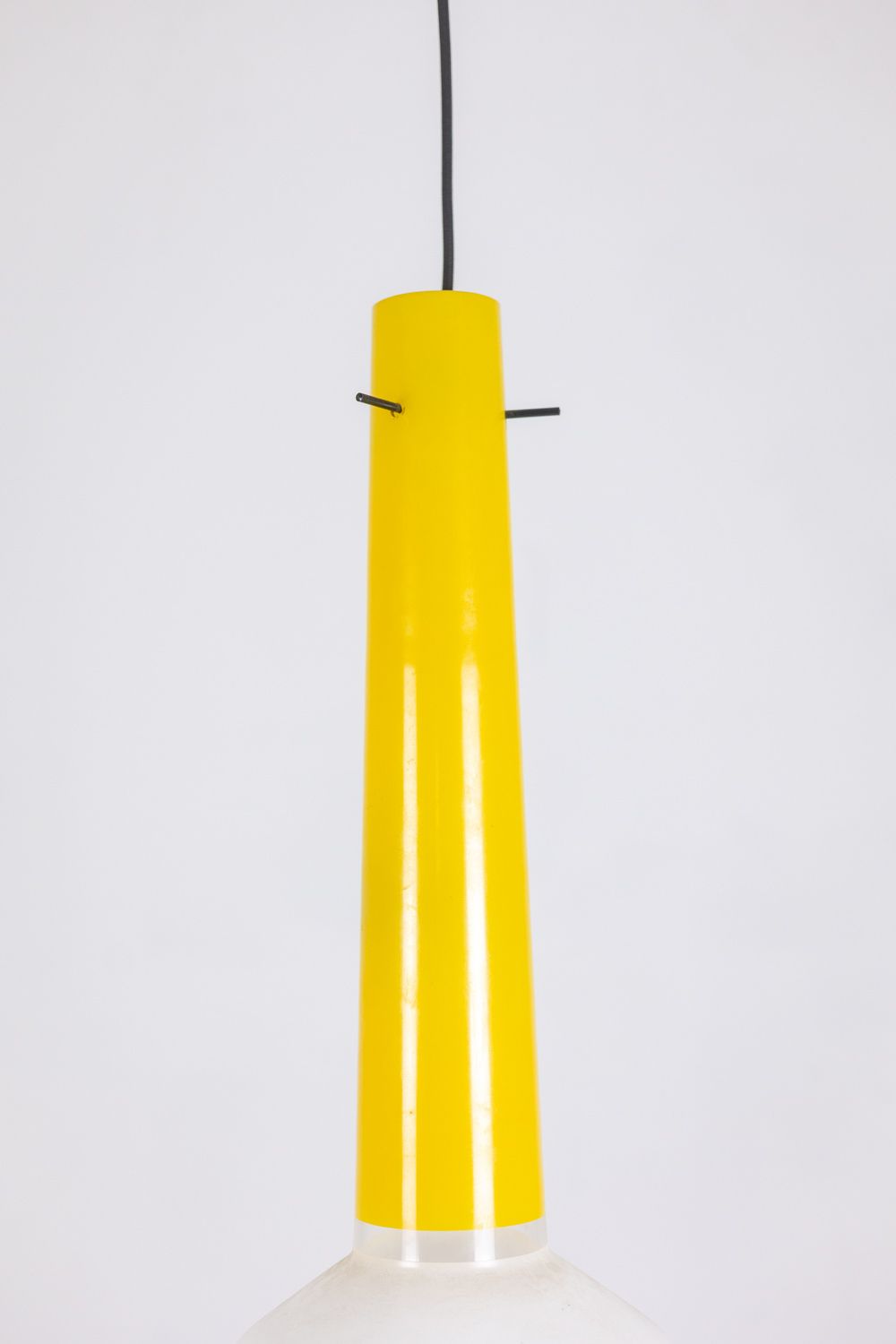 Pair Of Two Tone Yellow And White Glass Pendant Lights. 1960s photo for sale