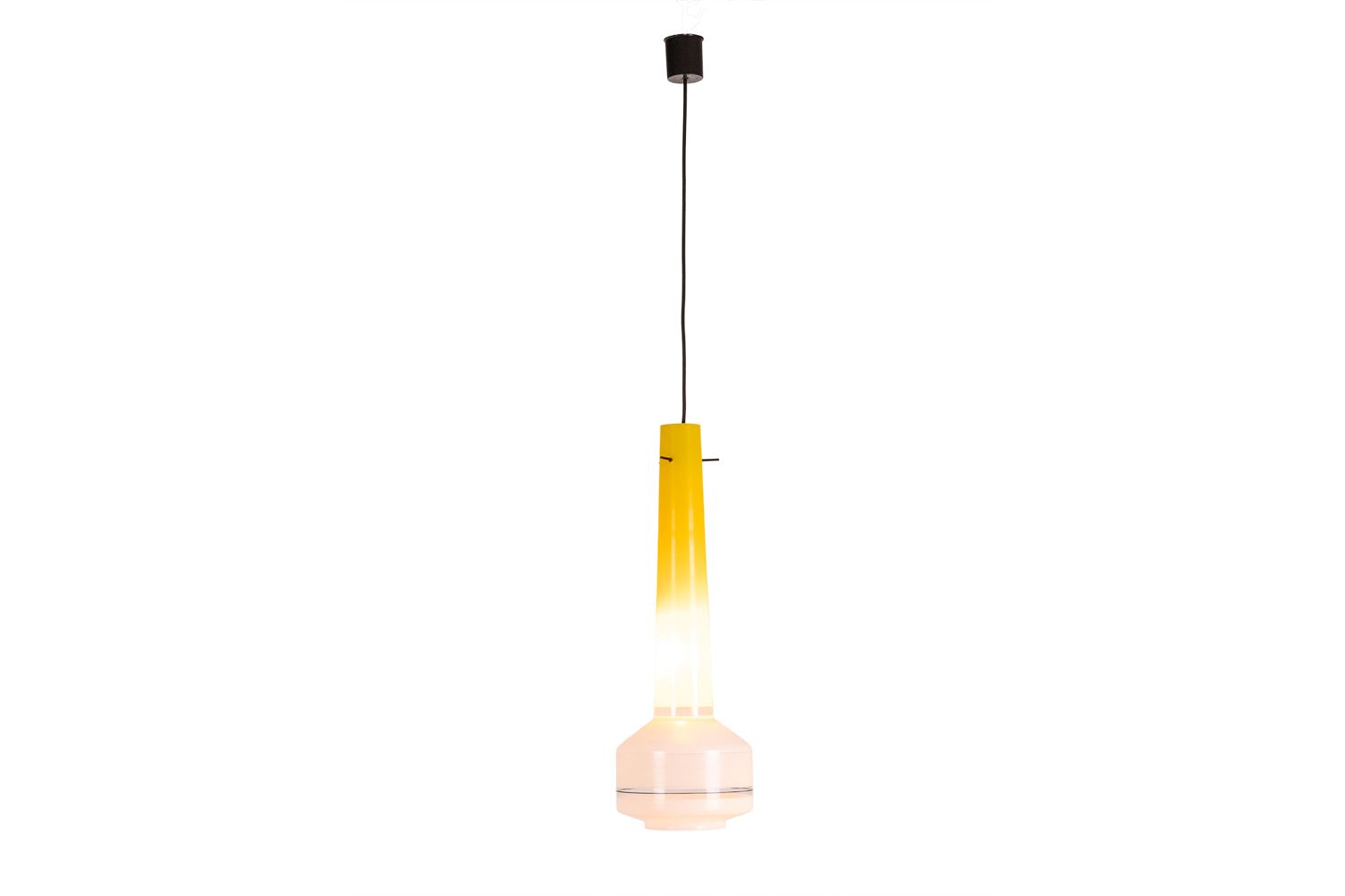 Pair Of Two Tone Yellow And White Glass Pendant Lights. 1960s photo buy
