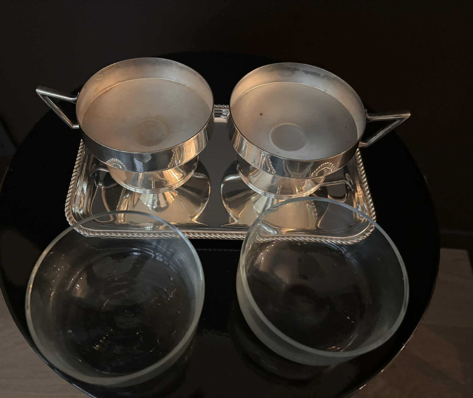 Vintage 1930s German Silver Plated Messing Versilbert Cups With Glass Inserts + Tray | Late Art Deco | Set Of 2 photo 189.0