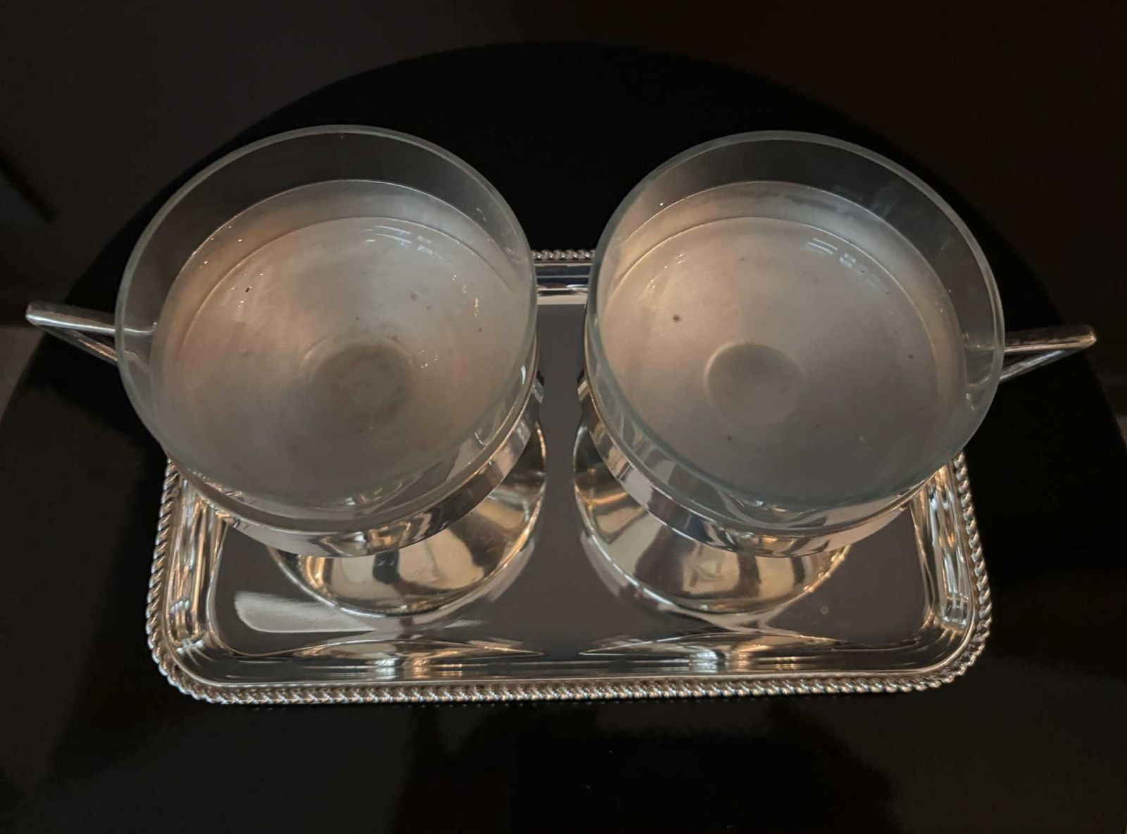 Home Decor Vintage 1930s German Silver Plated Messing Versilbert Cups With Glass Inserts + Tray | Late Art Deco | Set Of 2 photo