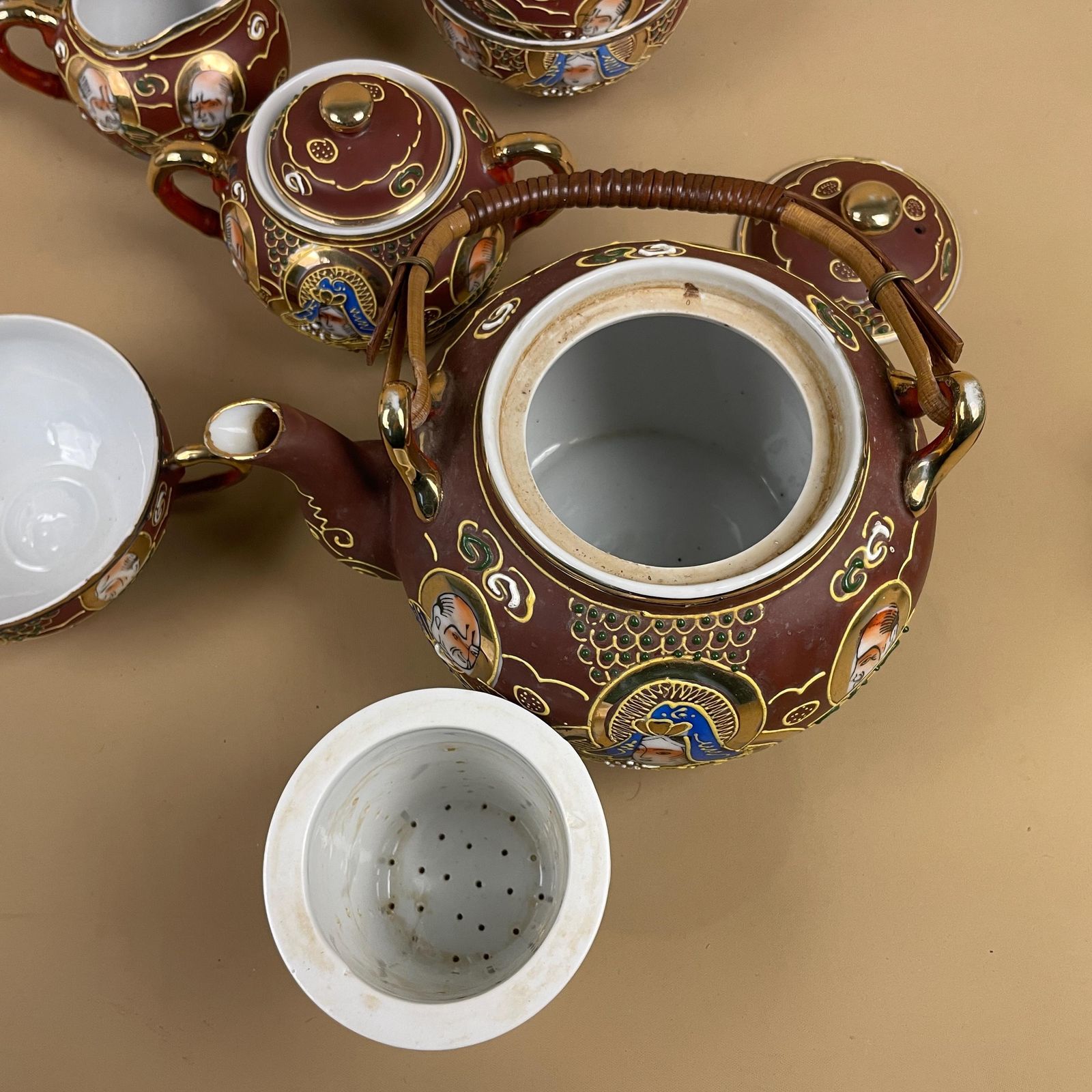 photo buy Vintage Satsuma Tea Set Japanese Moriage Porcelain Cups Teapot Saucers Raised Enamel Collectible Dragonware Asian Decor 23 Pieces.
