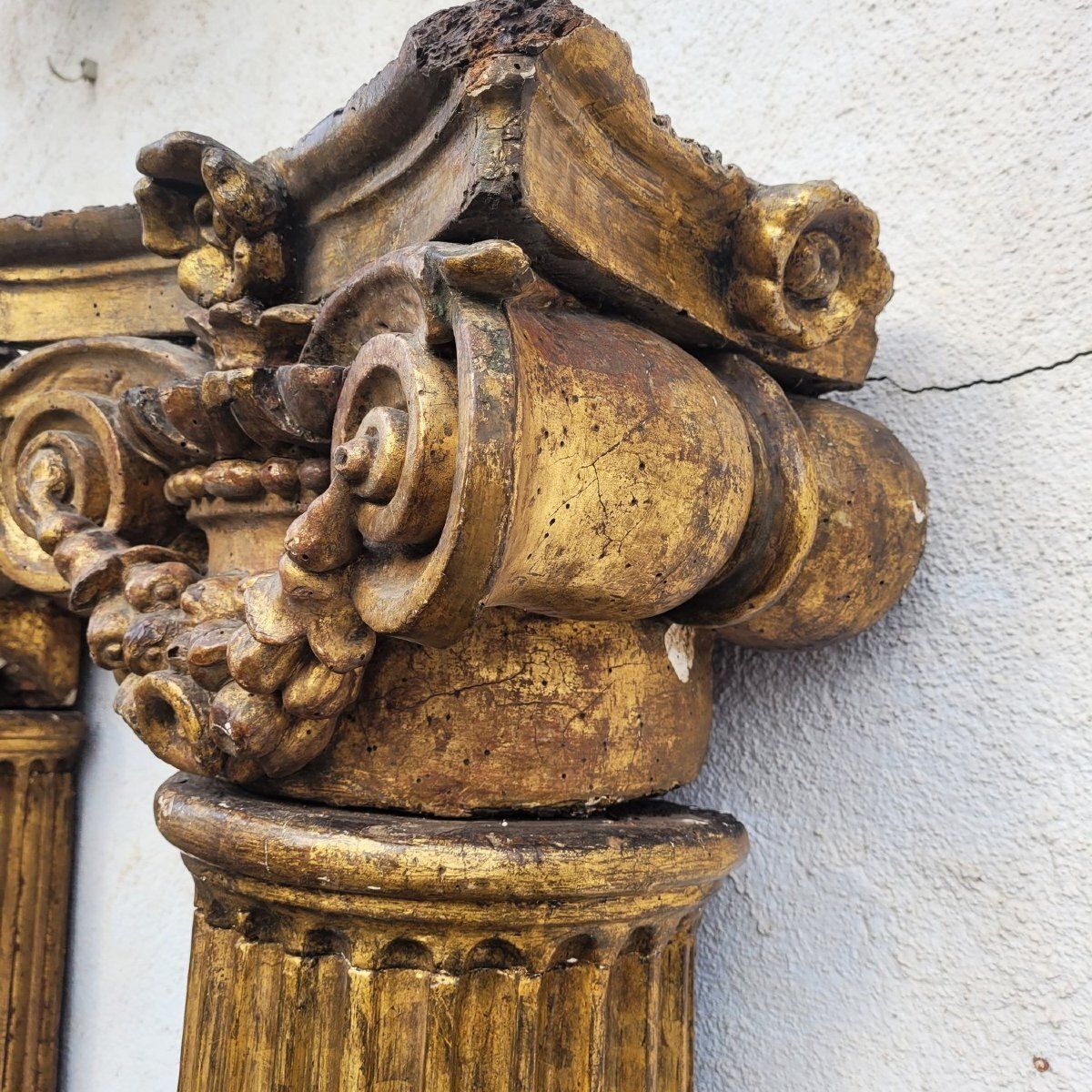 Important Pair Of Carved Gilded Wooden Columns (3m), 18th Century photo vintage