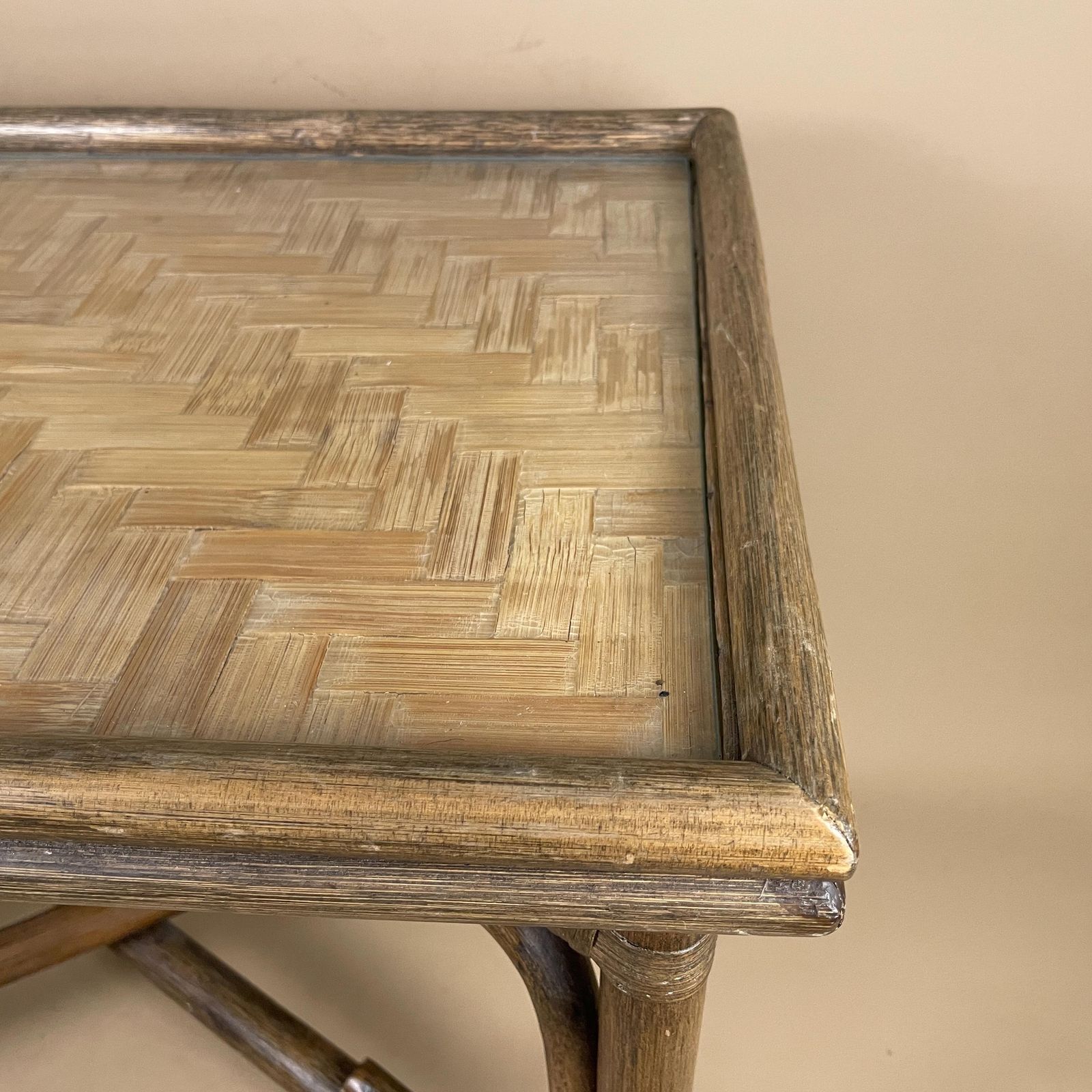 Vintage Bamboo Rattan Table Woven Boho Side Table Glass Top Fold Down Mid Century Accent Tropical Furniture Natural Wood Home Decor. photo for sale