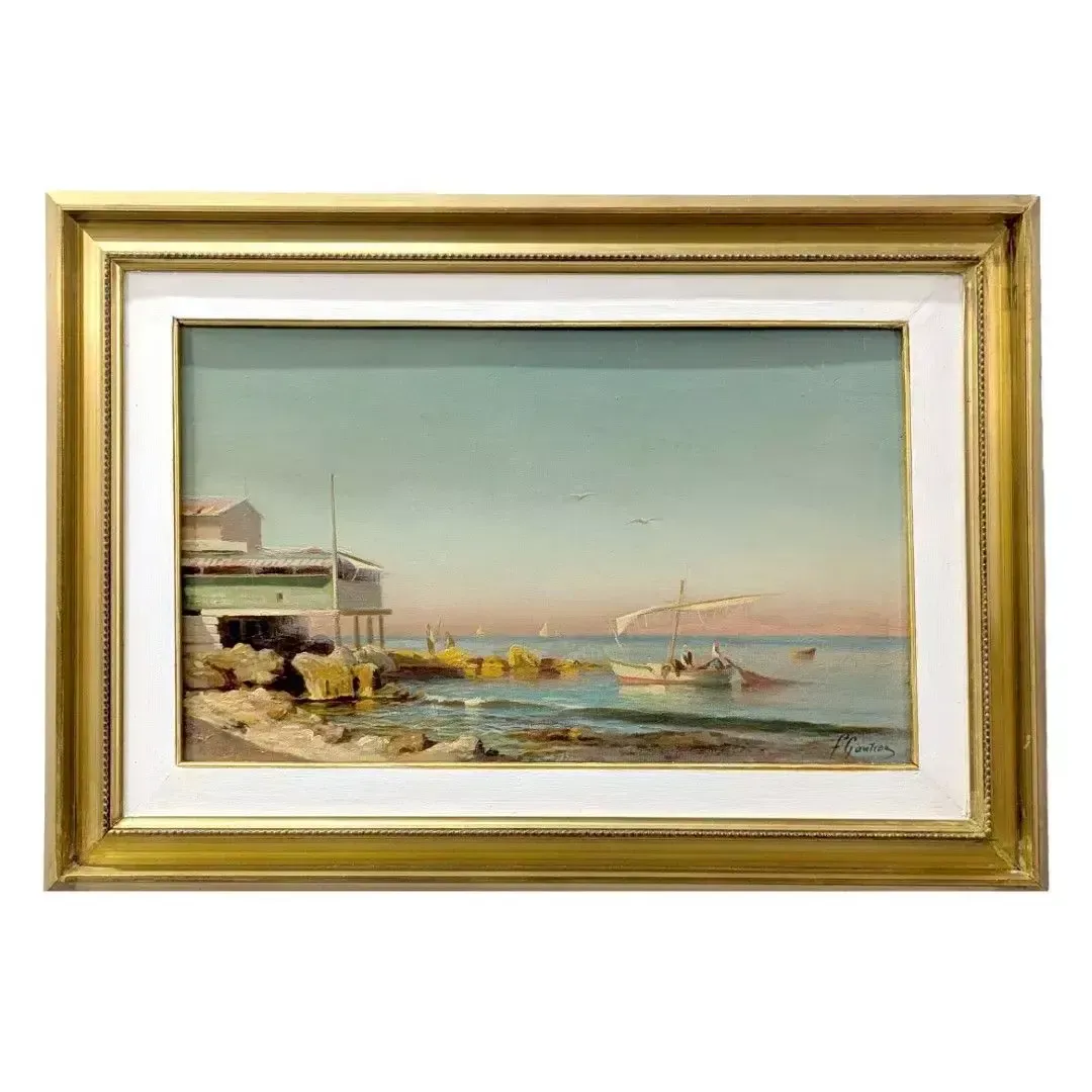 Oil On Panel By François Gautier, Marine Scene, 19th Century