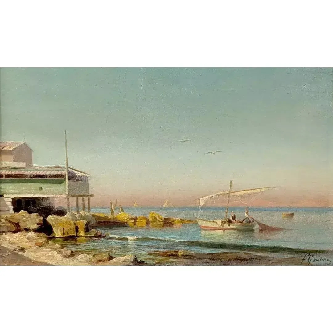 Oil On Panel By François Gautier, Marine Scene, 19th Century photo furniture