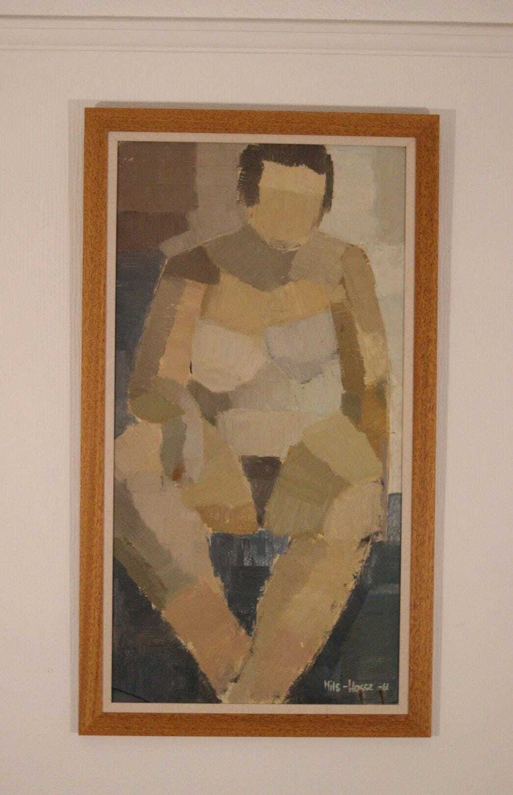 Original Mid Century Swedish Oil On Panel – “Sitting Woman Cubist” By Hasse Hasselgren, 1961 – Vintage  & Framed  92 × 52 Cm (36.2" × 20.5")