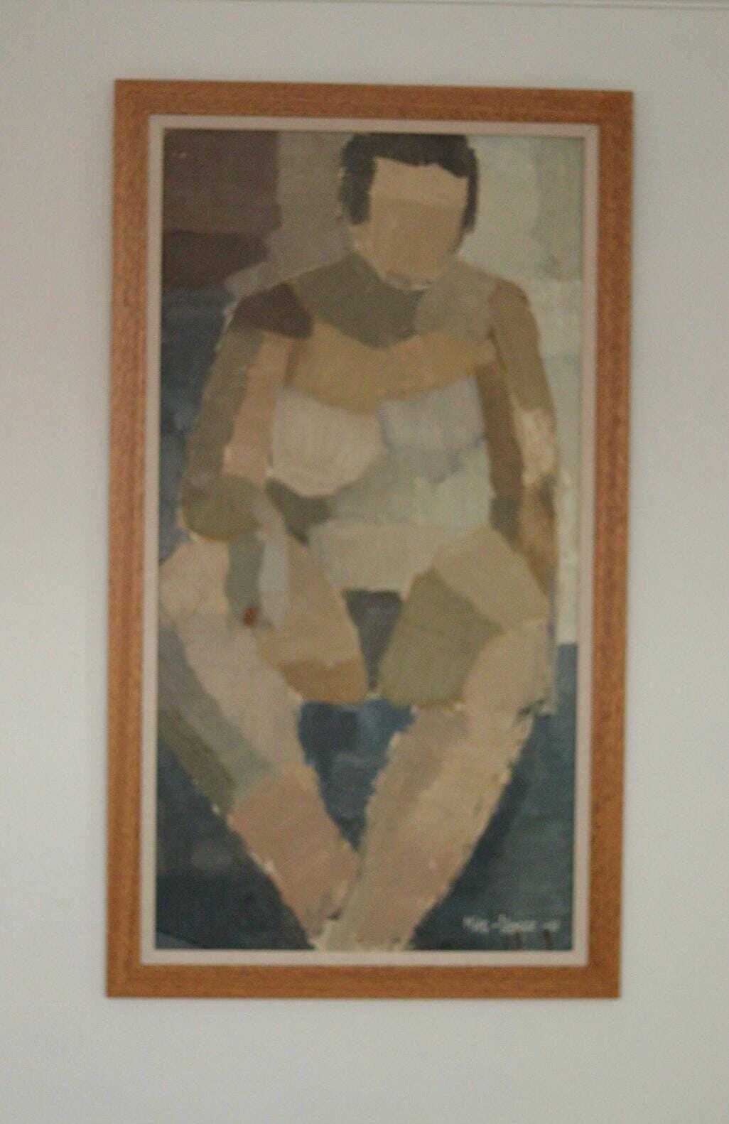 Original Mid Century Swedish Oil On Panel – “Sitting Woman Cubist” By Hasse Hasselgren, 1961 – Vintage  & Framed  92 × 52 Cm (36.2" × 20.5") photo furniture