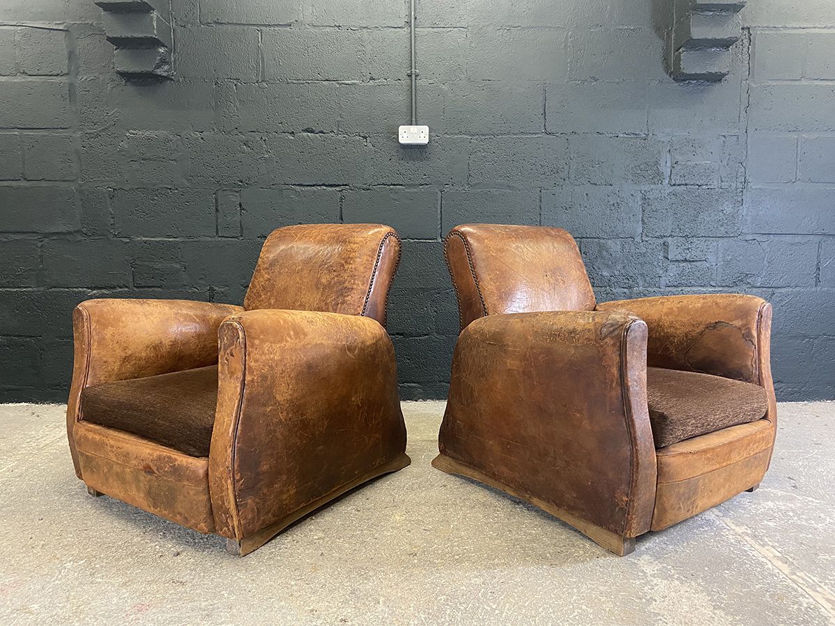 Pair Of Original French Art Deco Leather Club Chairs photo Furniture