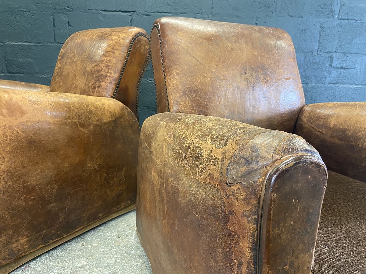 photo buy Pair Of Original French Art Deco Leather Club Chairs