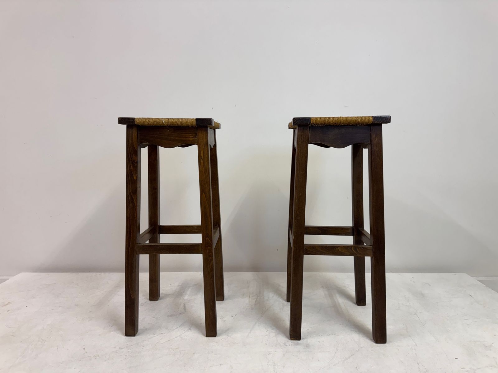 Pair Of Oak And Rush Bar Stools, France, 20th Century photo buy