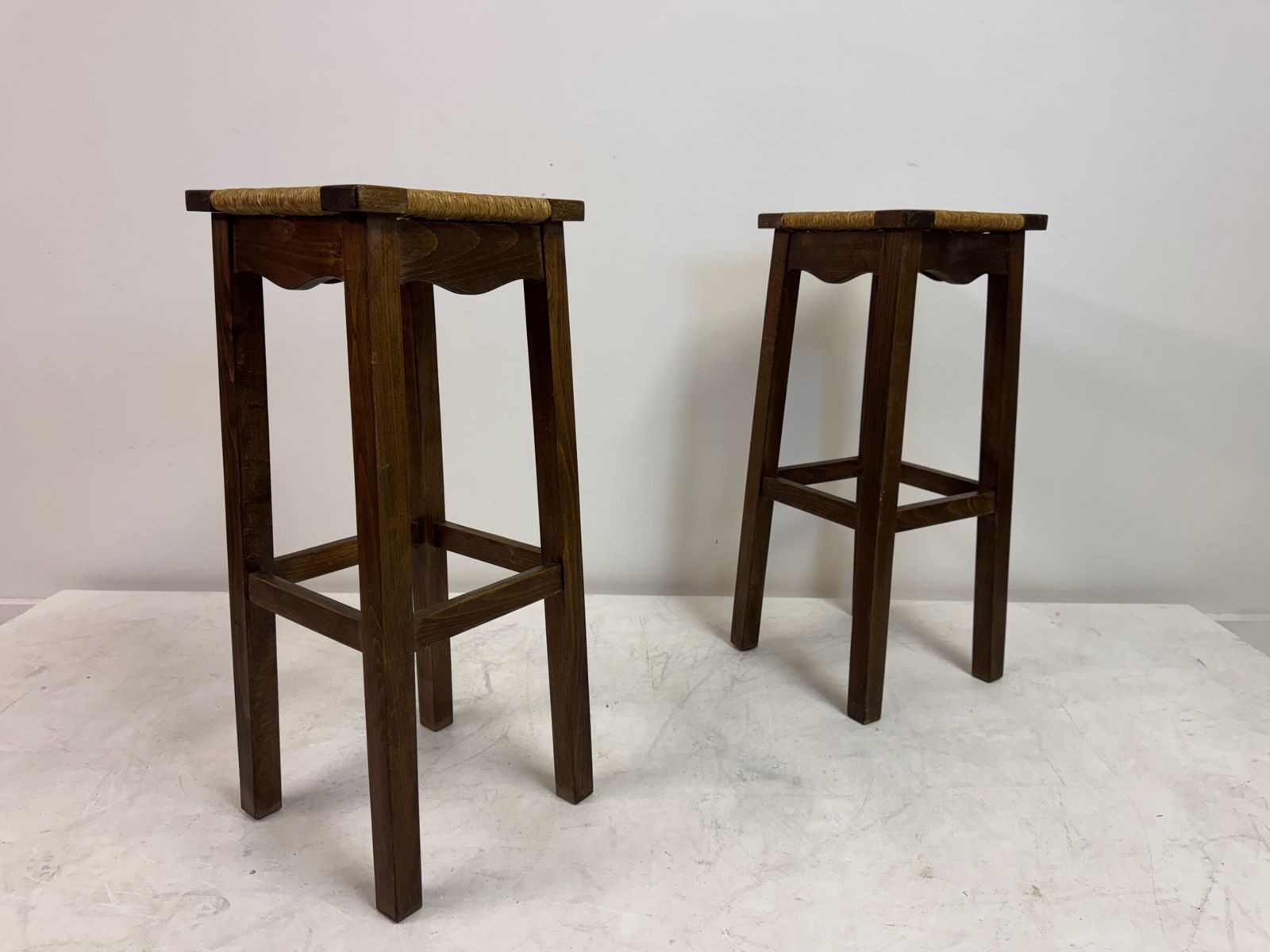 photo for sale Pair Of Oak And Rush Bar Stools, France, 20th Century