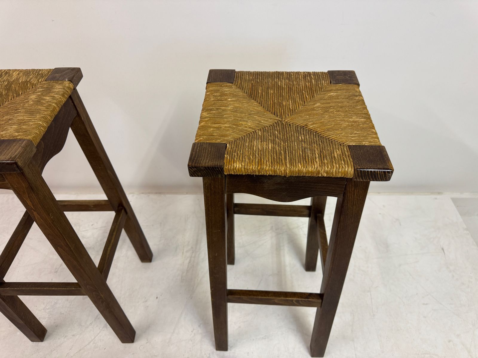 Furniture Pair Of Oak And Rush Bar Stools, France, 20th Century photo