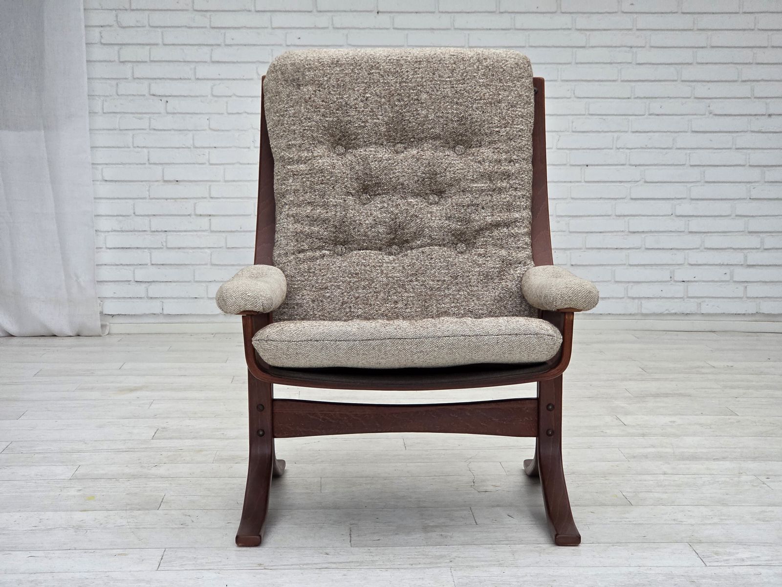 photo for sale 1970s, Norwegian Design Armchair, Blend Wool Fabric, Bent Wood.