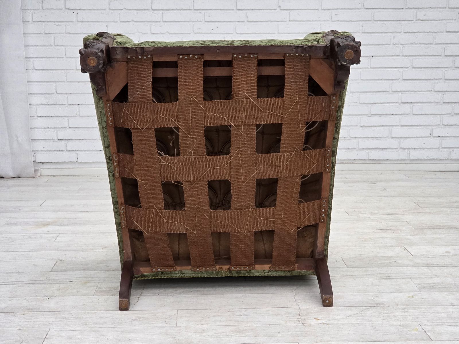 1950s, Danish Armchair, Green Furniture Velour, Carved Oak Wood. photo vinterior