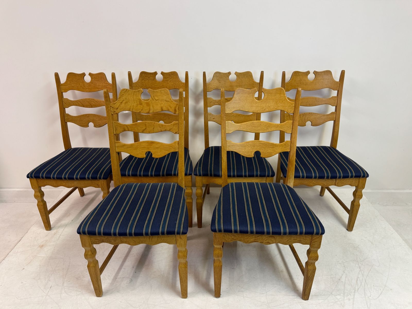Set Of Six “Razorblade” Dining Chairs By Henning Kjaernulf, Oak, 1960s photo furniture