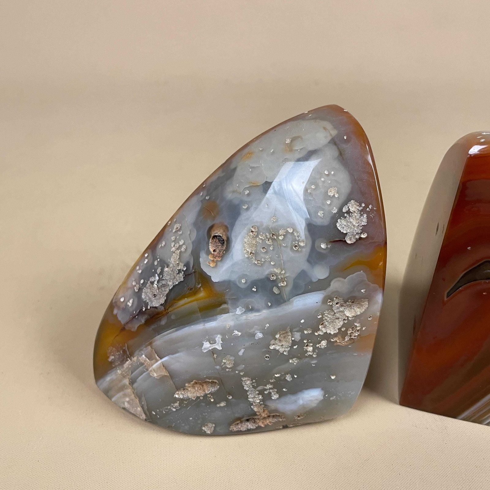photo for sale Pair Of 2 Vintage Stone Bookends Book Ends Red Grey Rocks Polished Decorative Library Book Shelf Shelves Heavy Set Natural