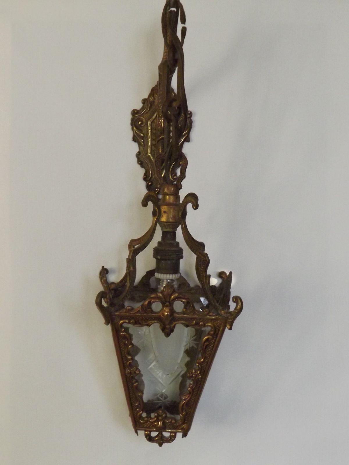 Antique French Bronze Wall Lamp Hanging Mini Lantern Etched Starburst Glass Panels photo for sale
