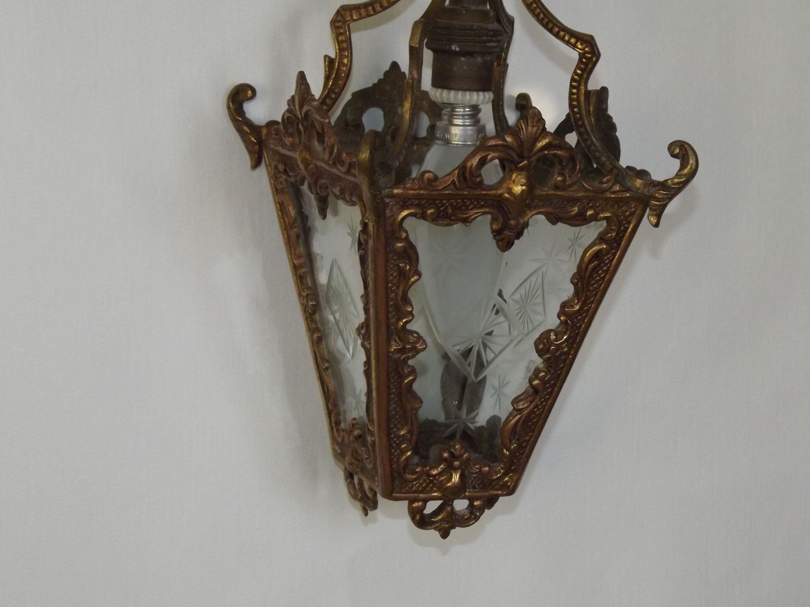 Antique French Bronze Wall Lamp Hanging Mini Lantern Etched Starburst Glass Panels photo Lighting
