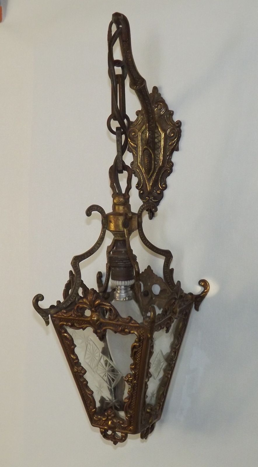 Antique French Bronze Wall Lamp Hanging Mini Lantern Etched Starburst Glass Panels photo vintage