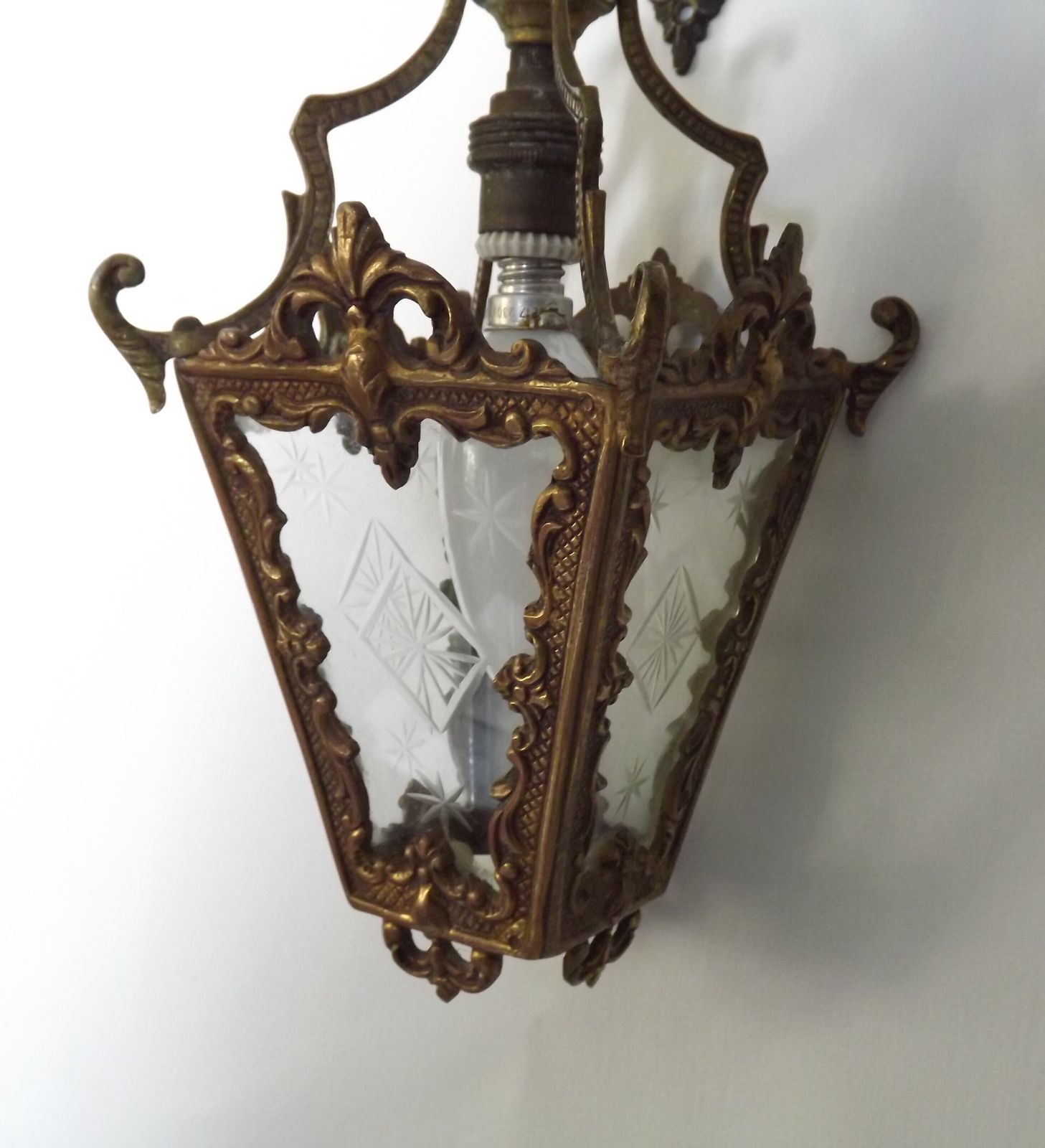 photo buy Antique French Bronze Wall Lamp Hanging Mini Lantern Etched Starburst Glass Panels