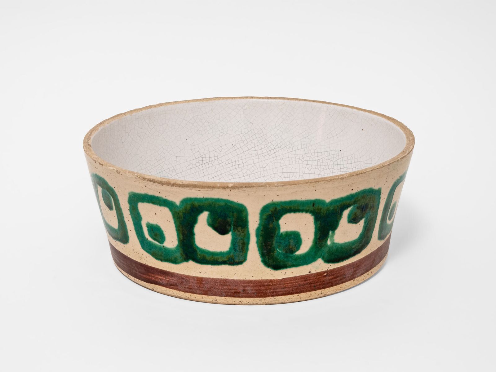 Large Ceramic Dish Bowl Hand Painted Green Tan Brown Glaze: Vintage Mid Century Homeware 1960s photo Home Decor