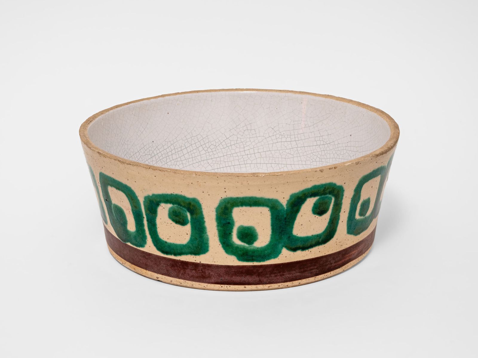Large Ceramic Dish Bowl Hand Painted Green Tan Brown Glaze: Vintage Mid Century Homeware 1960s photo vinterior