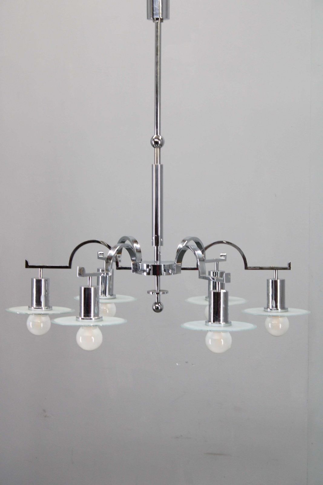 Art Deco Chrome Chandelier With 6 Sandblasted Glass Discs, Czechoslovakia 1930s photo furniture