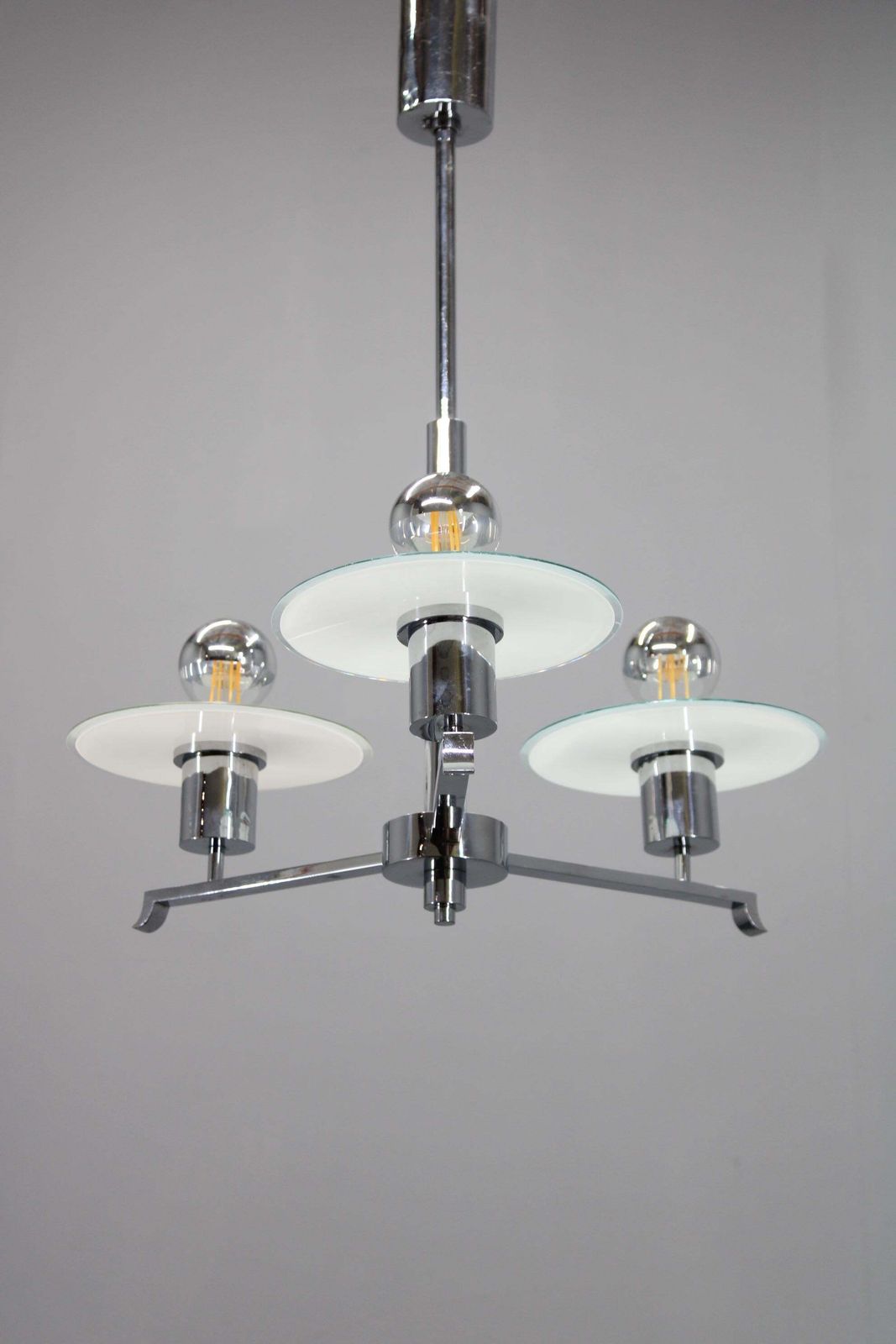 Art Deco Chrome And Sandblasted Glass Chandelier, Czechoslovakia, 1940s photo furniture