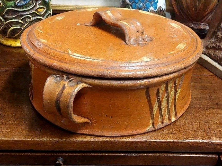 Antique Large Tuscany 19th Century Enamel Terracotta Bean Pot Rare!!!! photo vintage