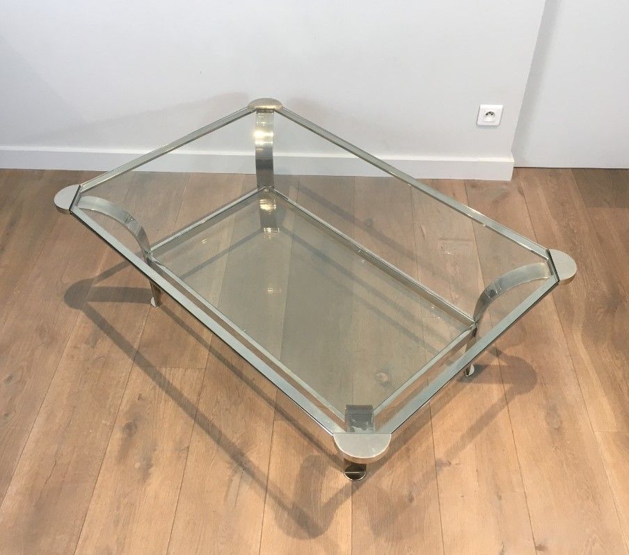 Large Design Chrome Coffee Table With Glass Shelves. French. Circa 1970 photo buy
